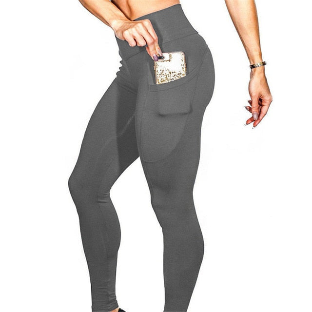 Solid Yoga Leggings With Pockets Fashion Push Up Workout Fitness Gym Running Trousers High Elastics High Waist Casual Pants-3