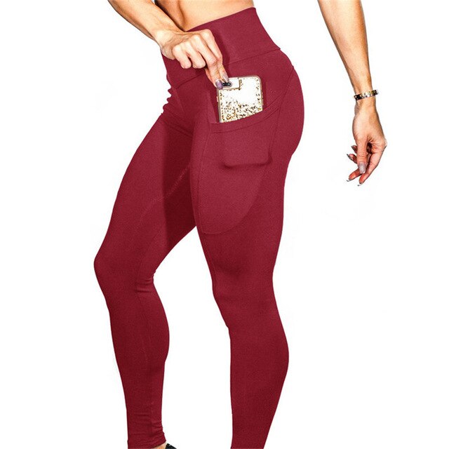 Solid Yoga Leggings With Pockets Fashion Push Up Workout Fitness Gym Running Trousers High Elastics High Waist Casual Pants-1